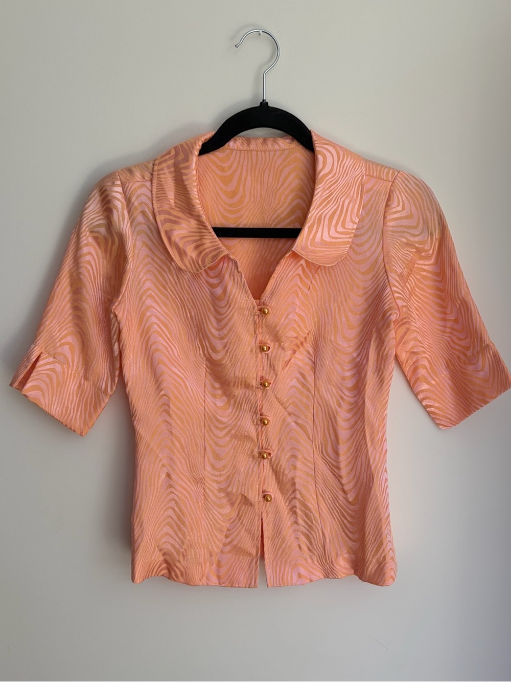 Vintage Peach Textured Button Front Blouse Handmade Look 90s Top